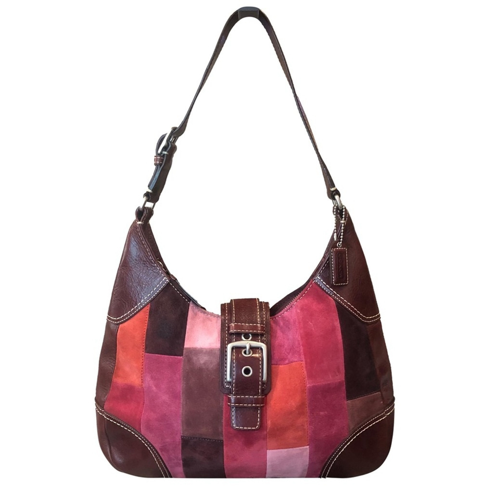 COACH Hampton Brown and Burgundy Suede Top Zipper Shoulder Bag